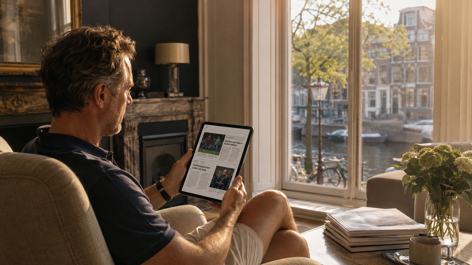Vrouw leest rustig de krant bij een kop koffie