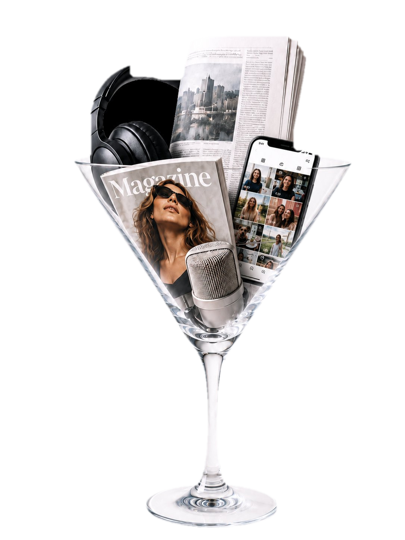 De MediaCocktail: krant, magazine, podcast, telefoon en koptelefoon samen in een cocktailglas