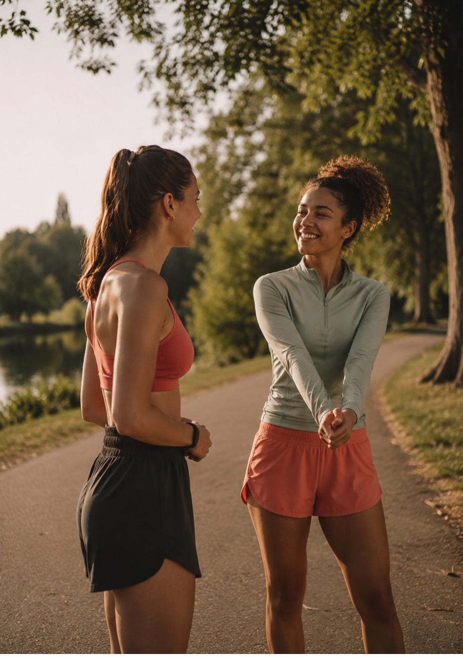 Twee vrouwen in gesprek tijdens een wandeling in het park