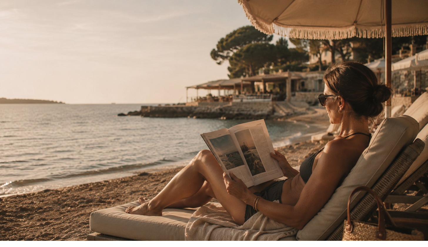Vrouw leest een magazine op een ligbed aan zee bij zonsondergang