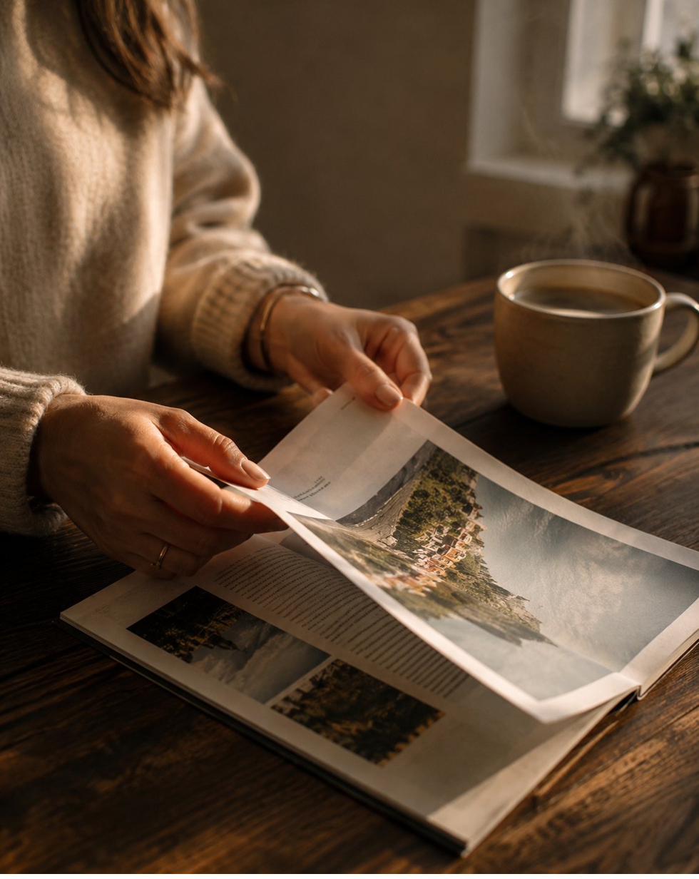 Vrouw leest rustig de krant bij een kop koffie
